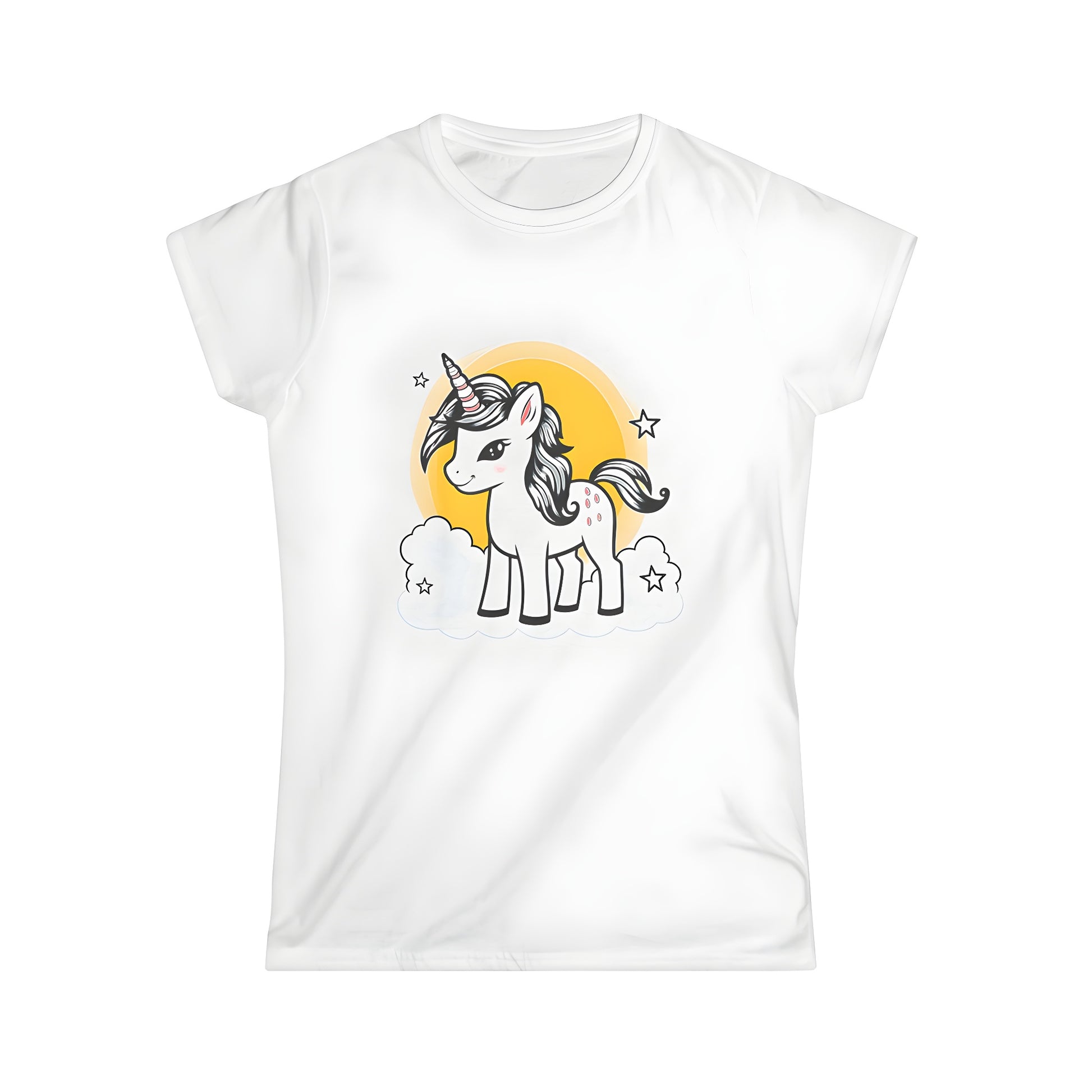 A colorful design of a baby unicorn on a women's t-shirt, featuring a cute striped horn and stars, set against a bright yellow sun and fluffy clouds