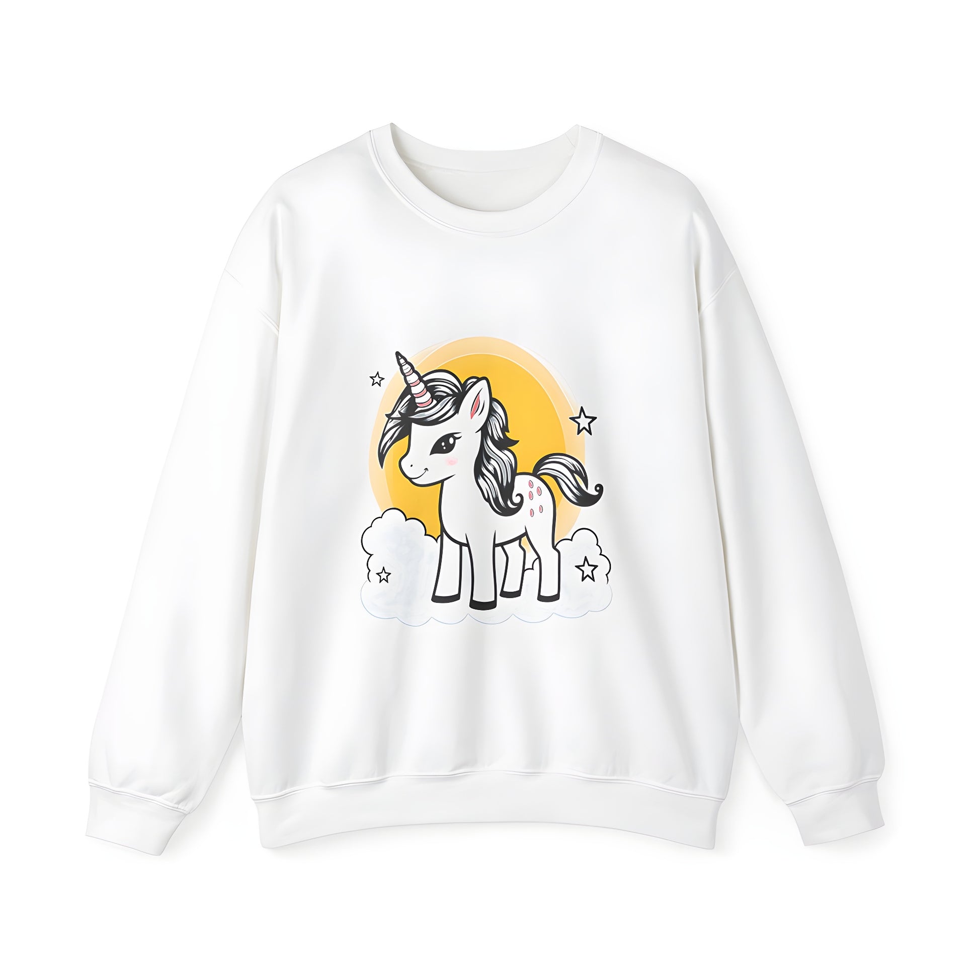 Adult sweatshirt featuring a colorful design of a cute baby unicorn with a striped horn, standing on fluffy clouds surrounded by twinkling stars and a bright yellow sun