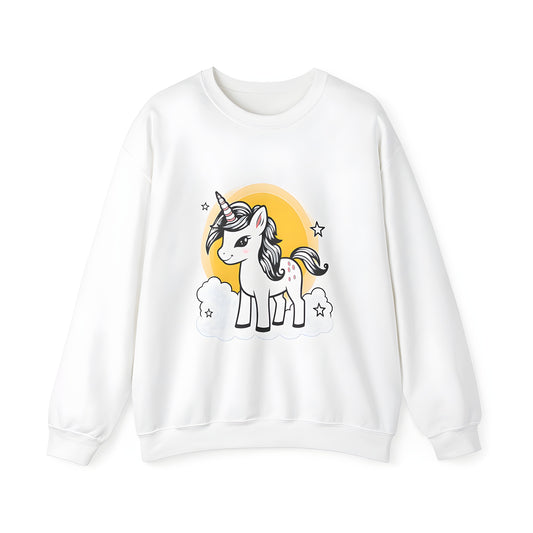 Adult sweatshirt featuring a colorful design of a cute baby unicorn with a striped horn, standing on fluffy clouds surrounded by twinkling stars and a bright yellow sun