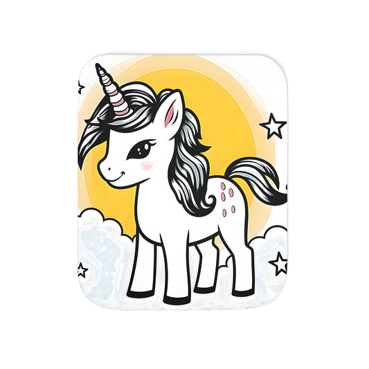 A soft blanket featuring a colorful illustration of a cute baby unicorn with a striped horn, surrounded by stars and a bright yellow sun. Perfect for little ones who love mythical creatures!