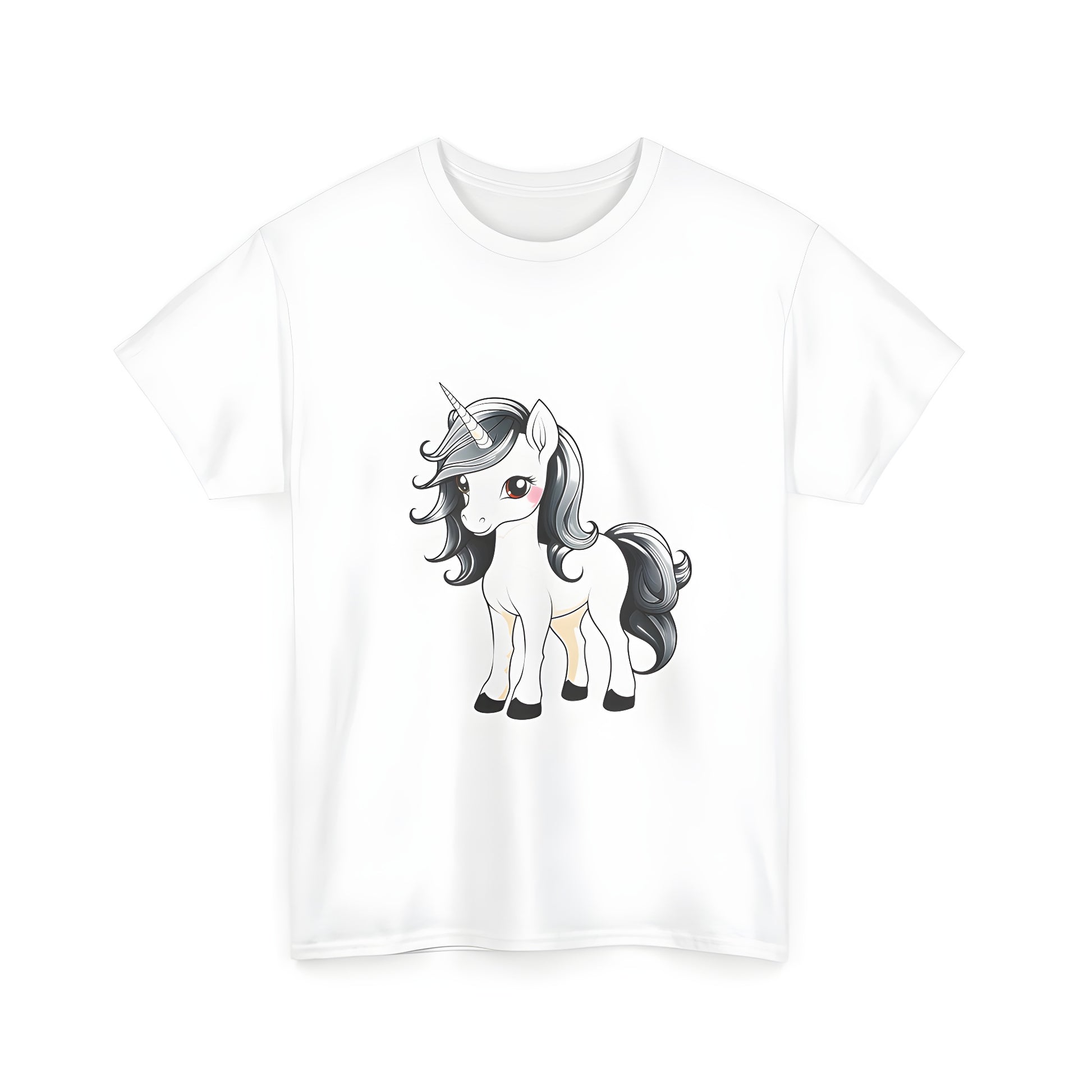 A vibrant Unisex T-shirt featuring an adorable mythical unicorn design with black mane and tail, set against a whimsical fantasy illustration