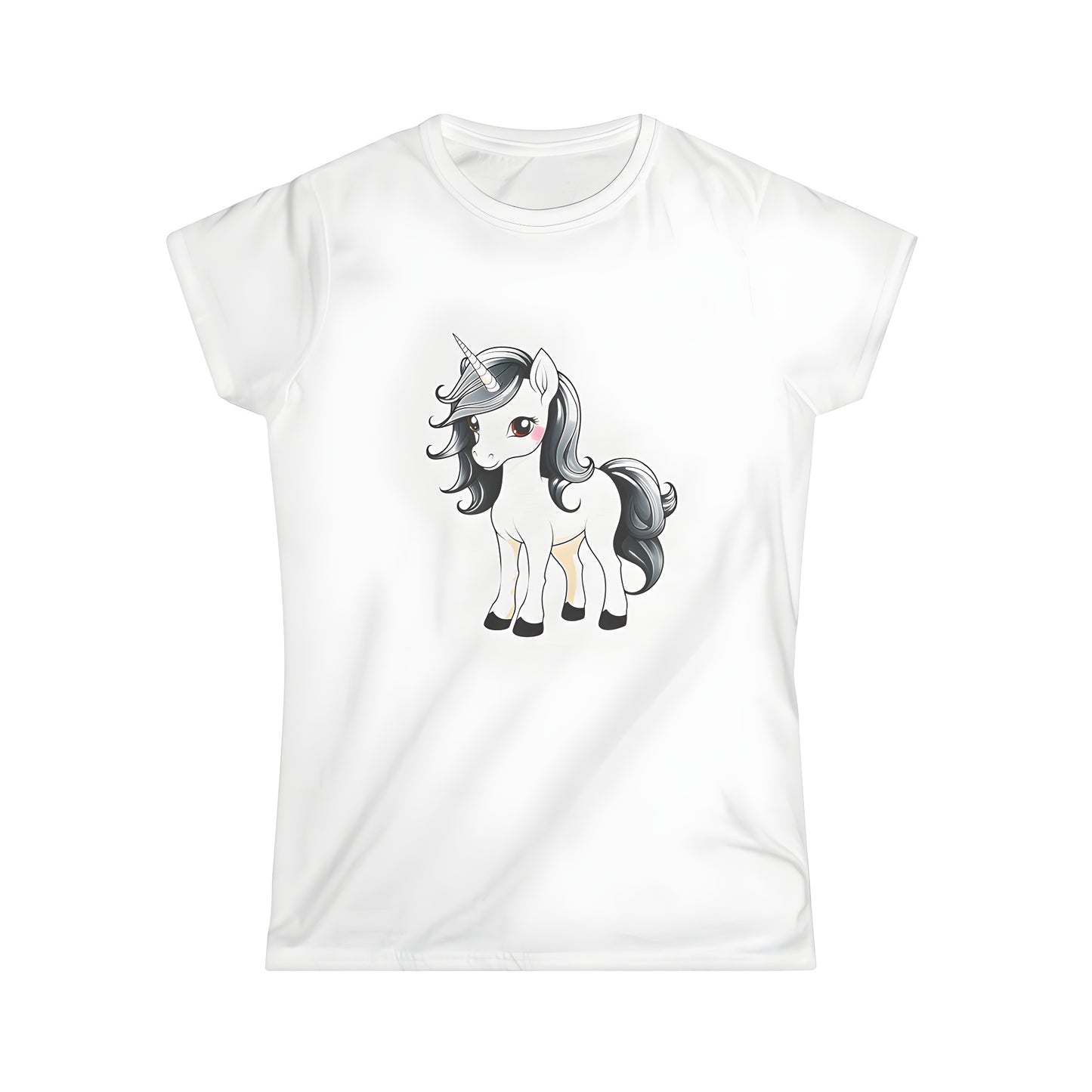 Women's t-shirt featuring a whimsical unicorn design with a black mane and tail, perfect for fantasy lovers