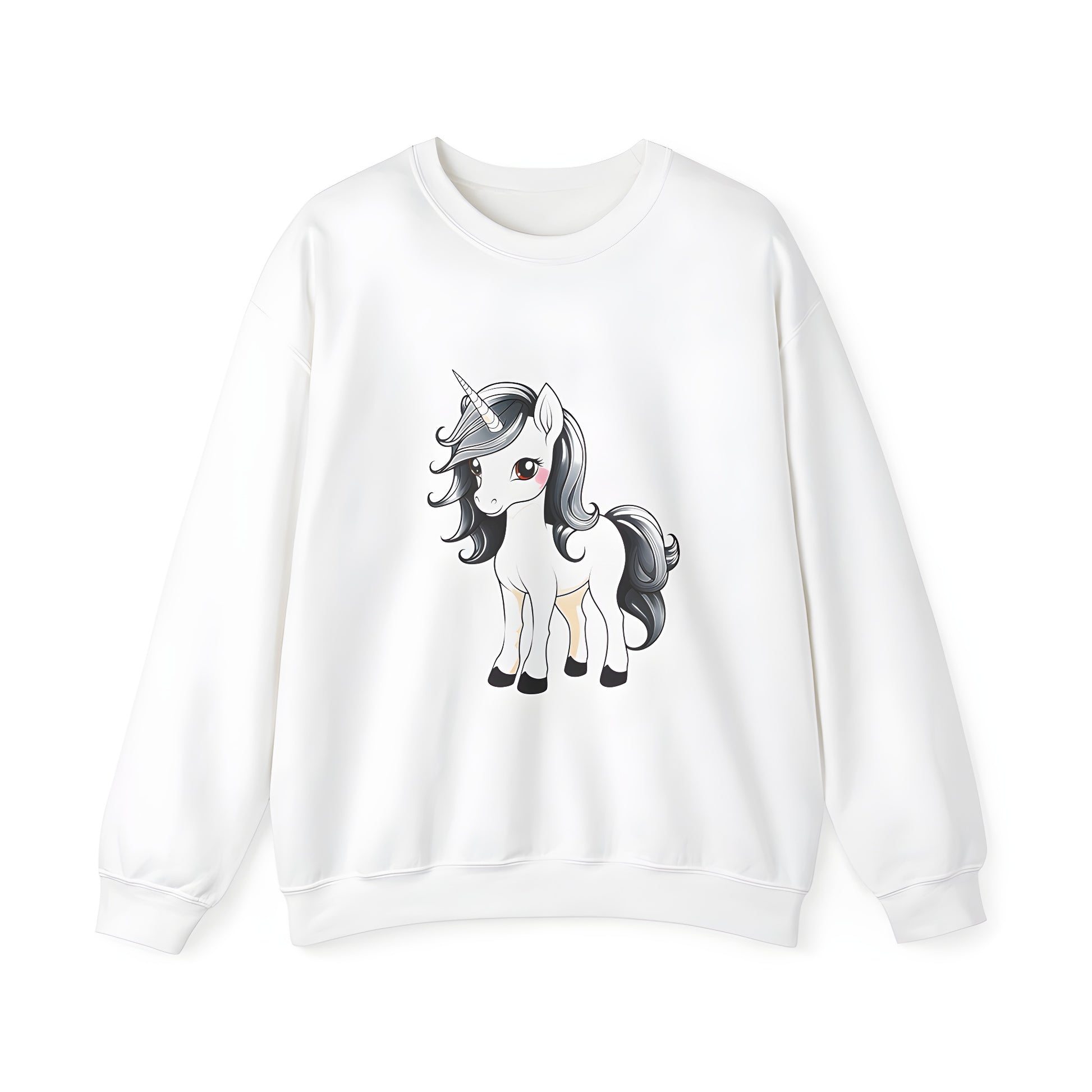 Adult sweatshirt featuring a whimsical unicorn design with a black mane and tail. Perfect for fantasy fans and those who love quirky illustrations.