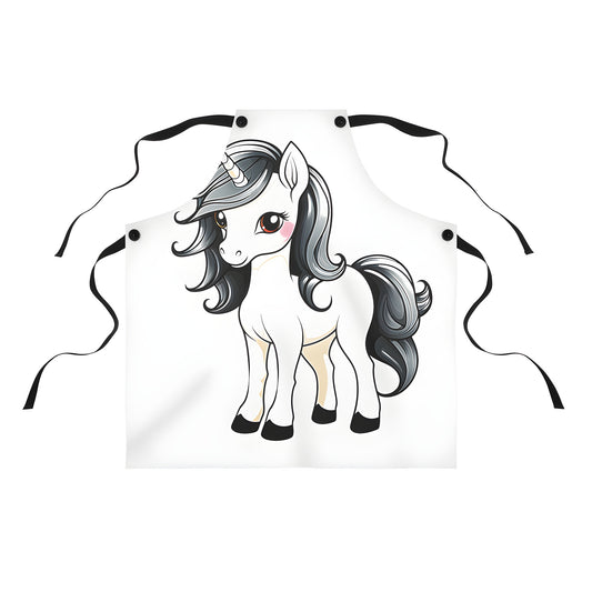 Apron with whimsical unicorn design featuring a black mane and tail in a fantastical illustration