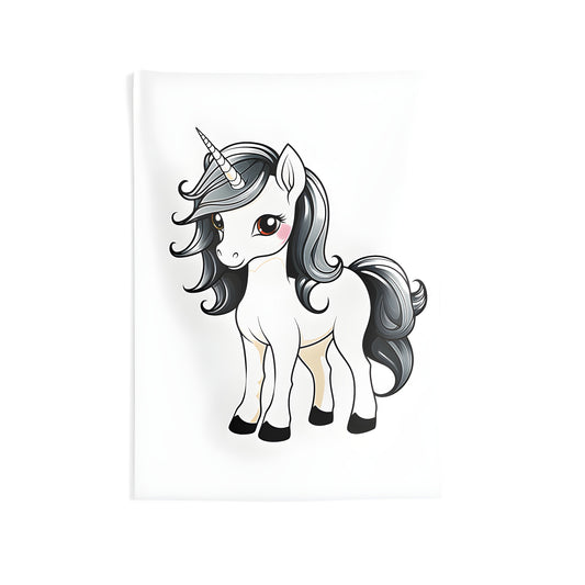 Colorful indoor wall tapestry featuring a sweet unicorn with black mane and tail in whimsical fantasy illustration