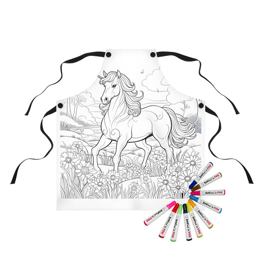 Colorful apron featuring a whimsical unicorn in a floral meadow design with trees and fluffy clouds.