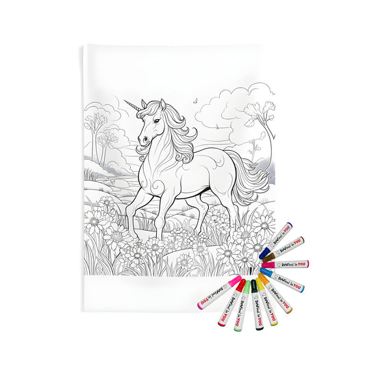 Indoor wall tapestries featuring detailed black and white unicorn illustrations in nature settings