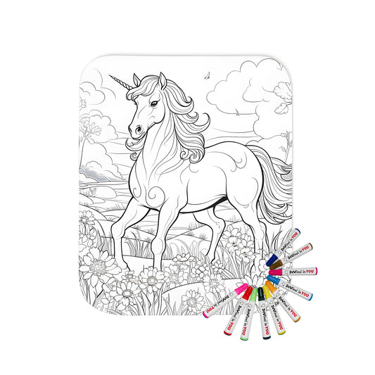 A beautiful blanket featuring a detailed black and white drawing of a unicorn standing in a flower-filled meadow with trees and clouds, perfect for a serene nature-inspired theme