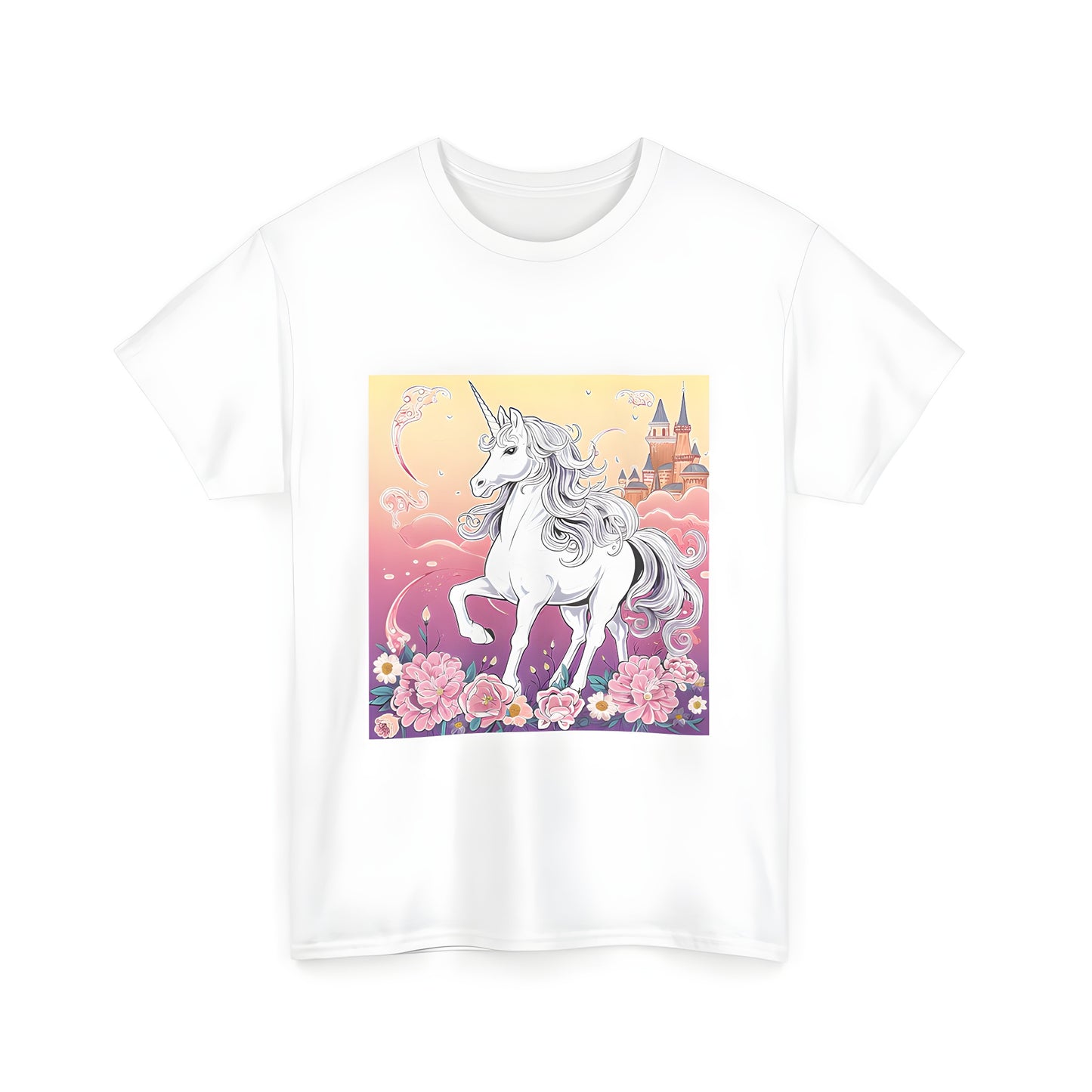 A unisex t-shirt featuring a majestic unicorn, horse, or mythological creature design, adorned with fantasy castle and vibrant floral elements against a magical sky background.