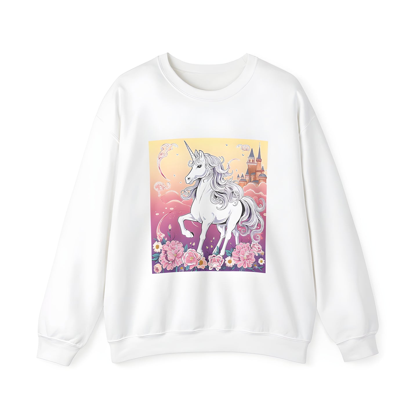 Adult sweatshirt featuring a majestic unicorn (also known as a mythical horse) design with vibrant flowers and a fantasy castle