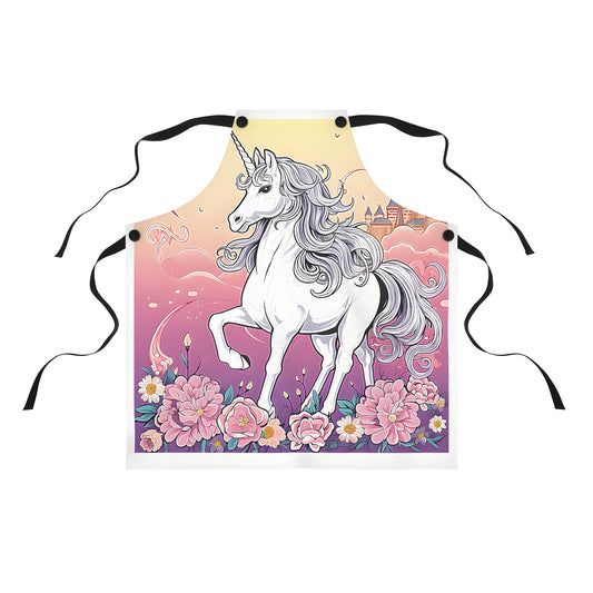 Colorful unicorn apron design with majestic unicorn, fantasy castle, vibrant flowers, and magical sky prints on a durable fabric.