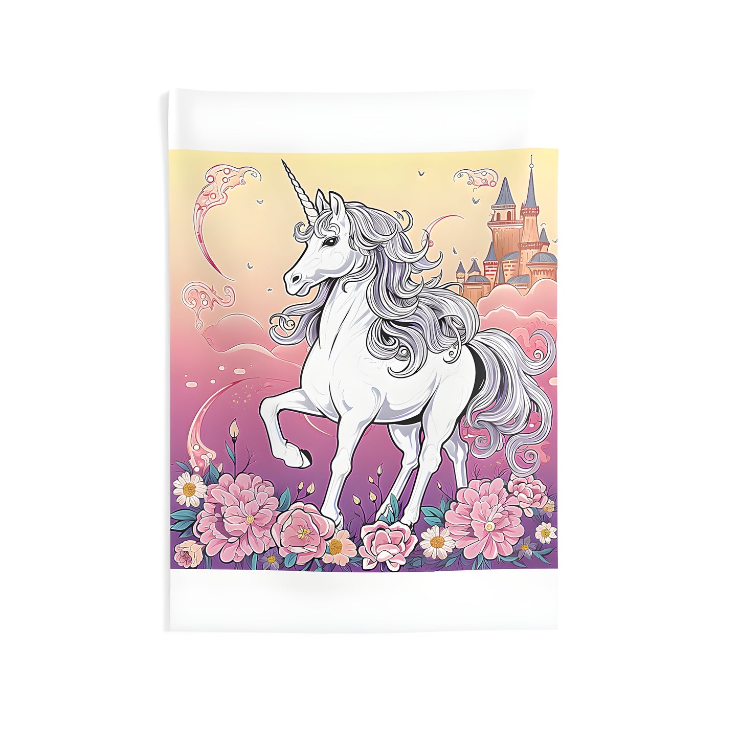 Indoor wall tapestry featuring colorful unicorn design, majestic castle, vibrant flowers and fantasy sky.