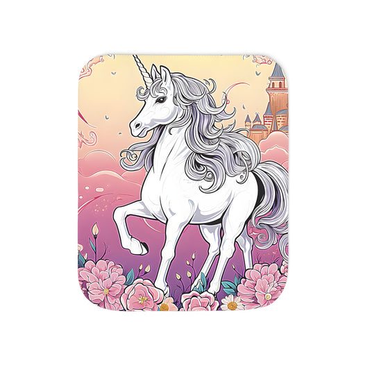 Cozy blanket featuring an enchanting unicorn design, set against a whimsical background of a fantasy castle and vibrant flowers.