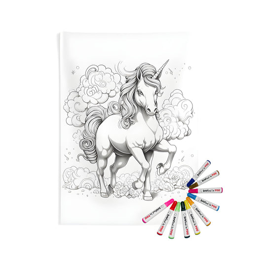 Magical wall hanging with vibrant colors and intricate details of a majestic horse-like creature surrounded by soft clouds and colorful flowers