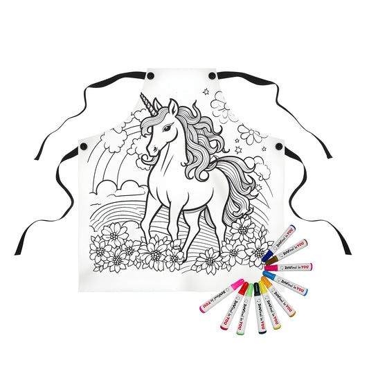 Unicorn-themed apron with colorful mane, flowers, rainbow, clouds, and starry night sky - fabric art for coloring