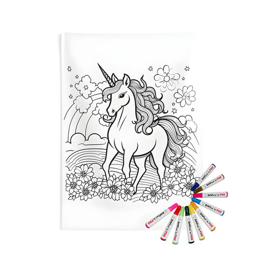 Mythical unicorn wall tapestry for coloring with fabric markers, colorful rainbow and floral design