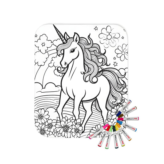 Magical unicorn blanket design featuring flowing mane, flowers, rainbow, clouds, and stars on soft fabric.