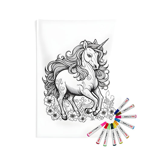 Unicorn wall tapestry, detailed line art of horse with flowing mane and floral designs, indoor wall hanging decoration