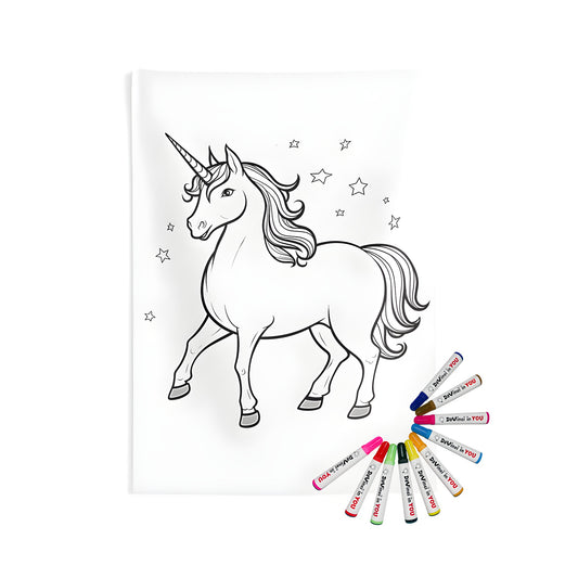 Magical unicorn inspired wall tapestry for home decor, featuring a detailed black and white outline ready to be colored