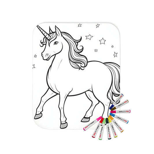 Cozy blanket featuring a beautiful, black and white outline of a mythical unicorn horse surrounded by twinkling stars, perfect for coloring and decoration