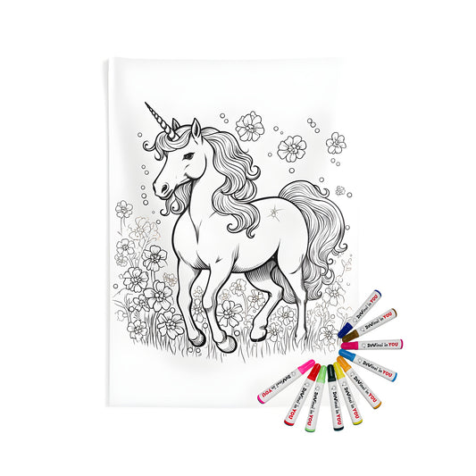 Coloring kit for indoor wall tapestries featuring an enchanting unicorn scene with flowers and bubbles