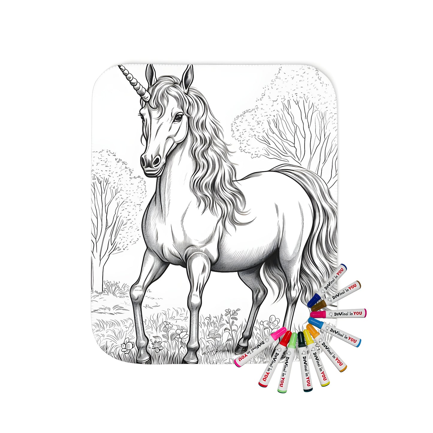 Whimsical blanket featuring an enchanting unicorn illustration in a serene forest setting