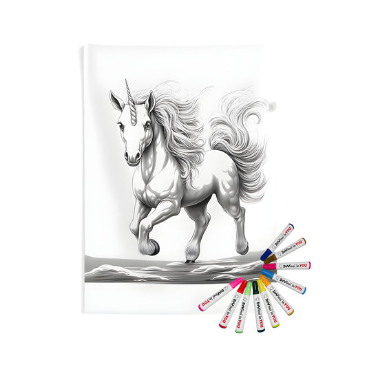 Detailed illustration of a majestic unicorn galloping forward, featuring its long flowing mane and tail, printed on an indoor wall tapestry. Includes fabric markers for coloring.