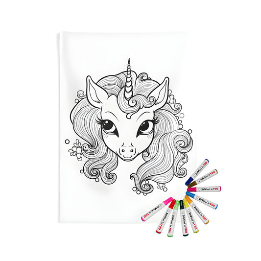 Coloring kit and indoor wall tapestry featuring a cute unicorn, my little pony, horse art