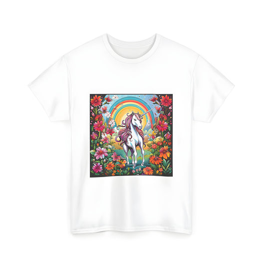 Colorful unicorn t-shirt design featuring a magical garden scene