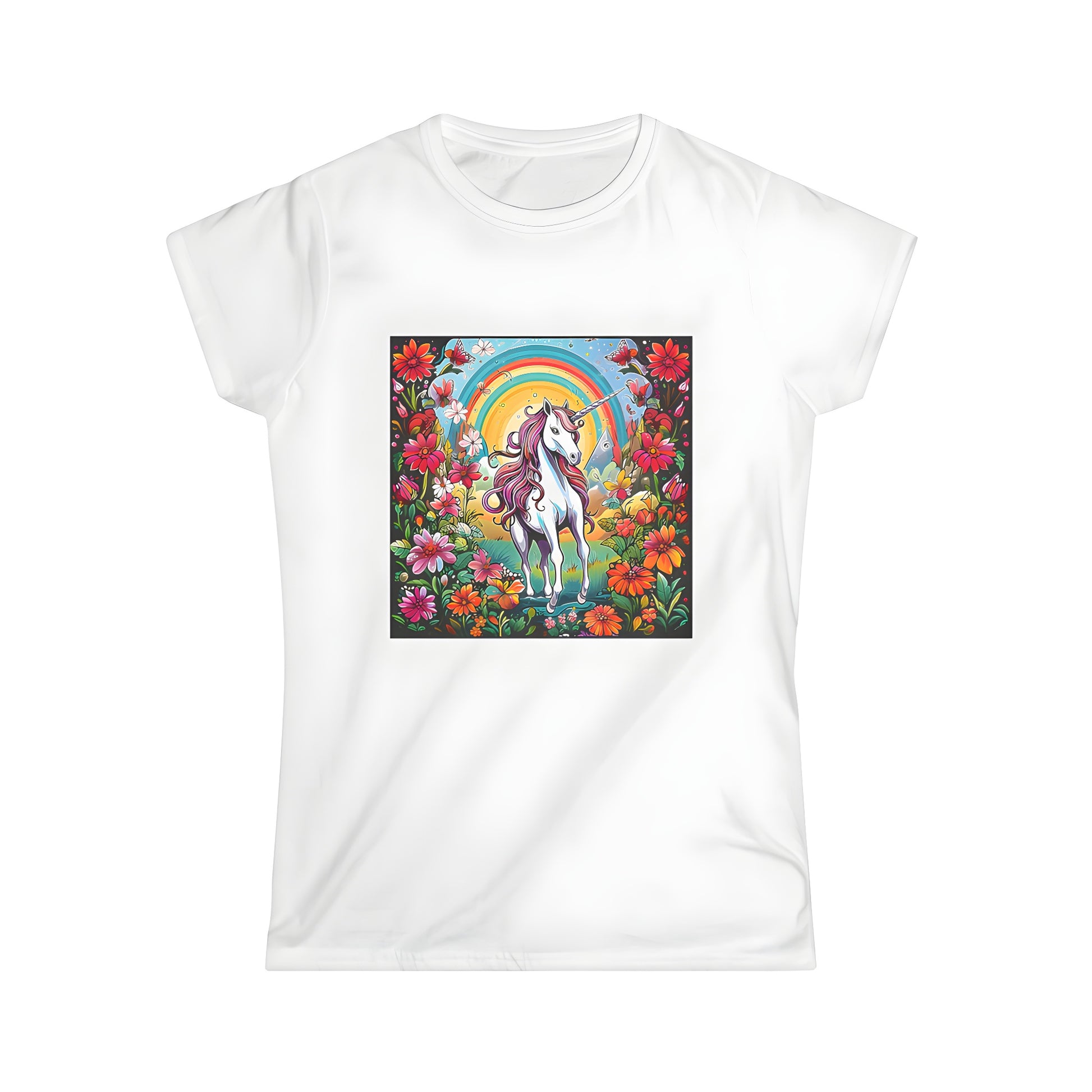 Women's T-Shirt featuring a colorful unicorn garden design with flowers, butterflies, and a rainbow