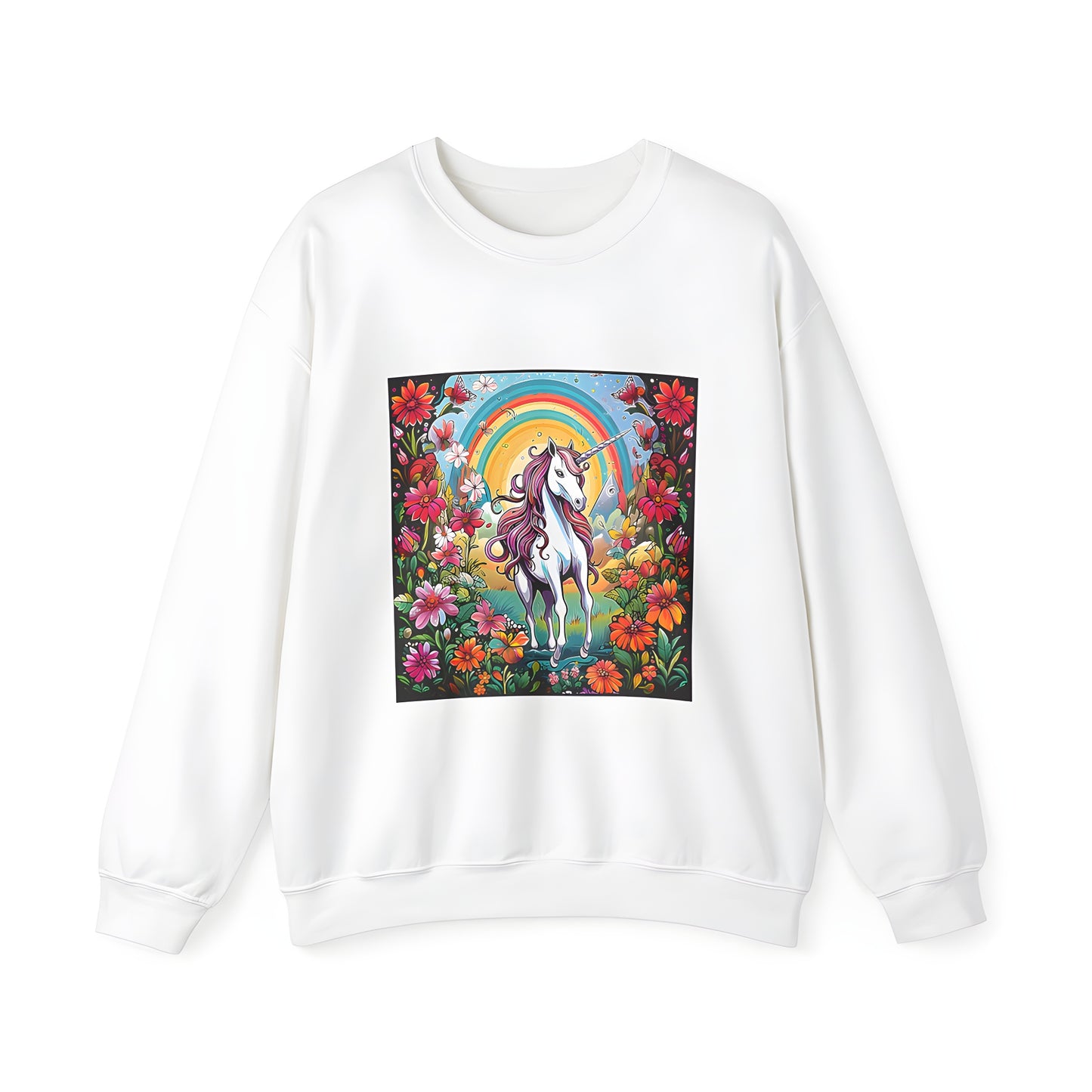 Adult Unicorn T-Shirt, Enchanted Garden Sweatshirt with Rainbow, Butterflies and Flowers Design