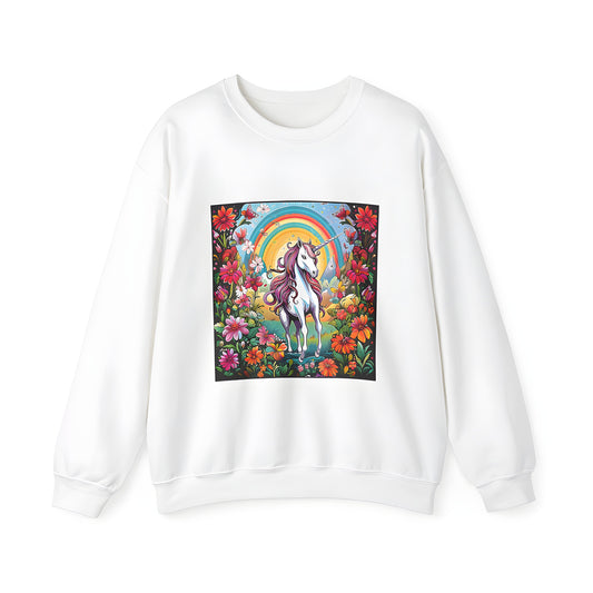 Adult Unicorn T-Shirt, Enchanted Garden Sweatshirt with Rainbow, Butterflies and Flowers Design