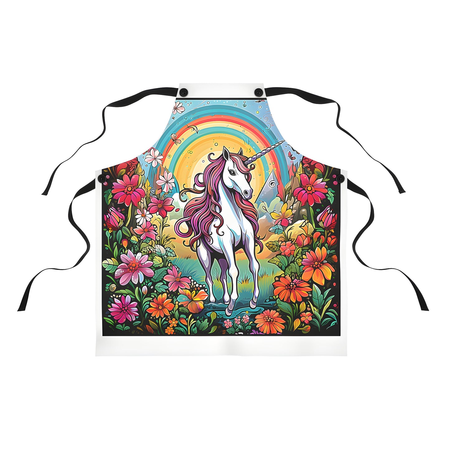 Colorful garden apron featuring a whimsical unicorn design, perfect for gardening enthusiasts and fantasy fans alike.