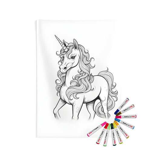 Unicorn wall tapestry for indoor decor, majestic unicorn coloring kit with fabric markers