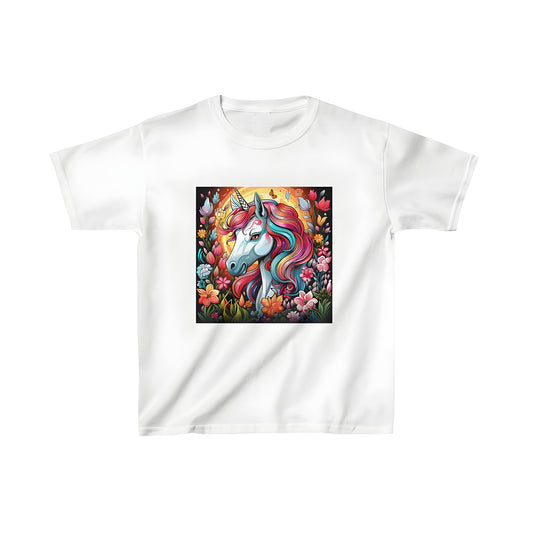 Colorful kid's t-shirt featuring an imaginative unicorn design with rainbow mane and expressive eyes surrounded by vibrant flowers and a flying butterfly.