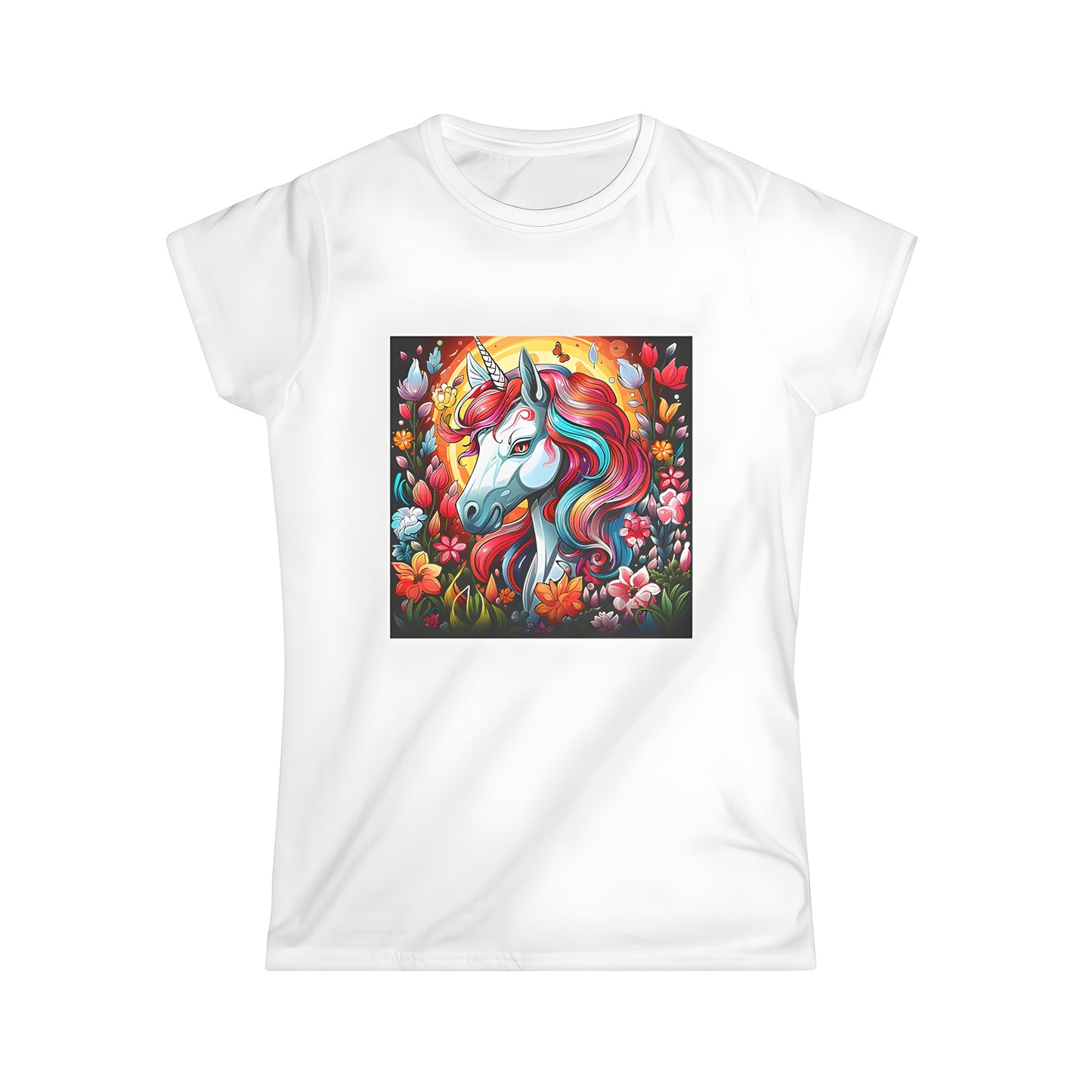 Unicorn tee, women's t-shirt with colorful rainbow mane and flower power