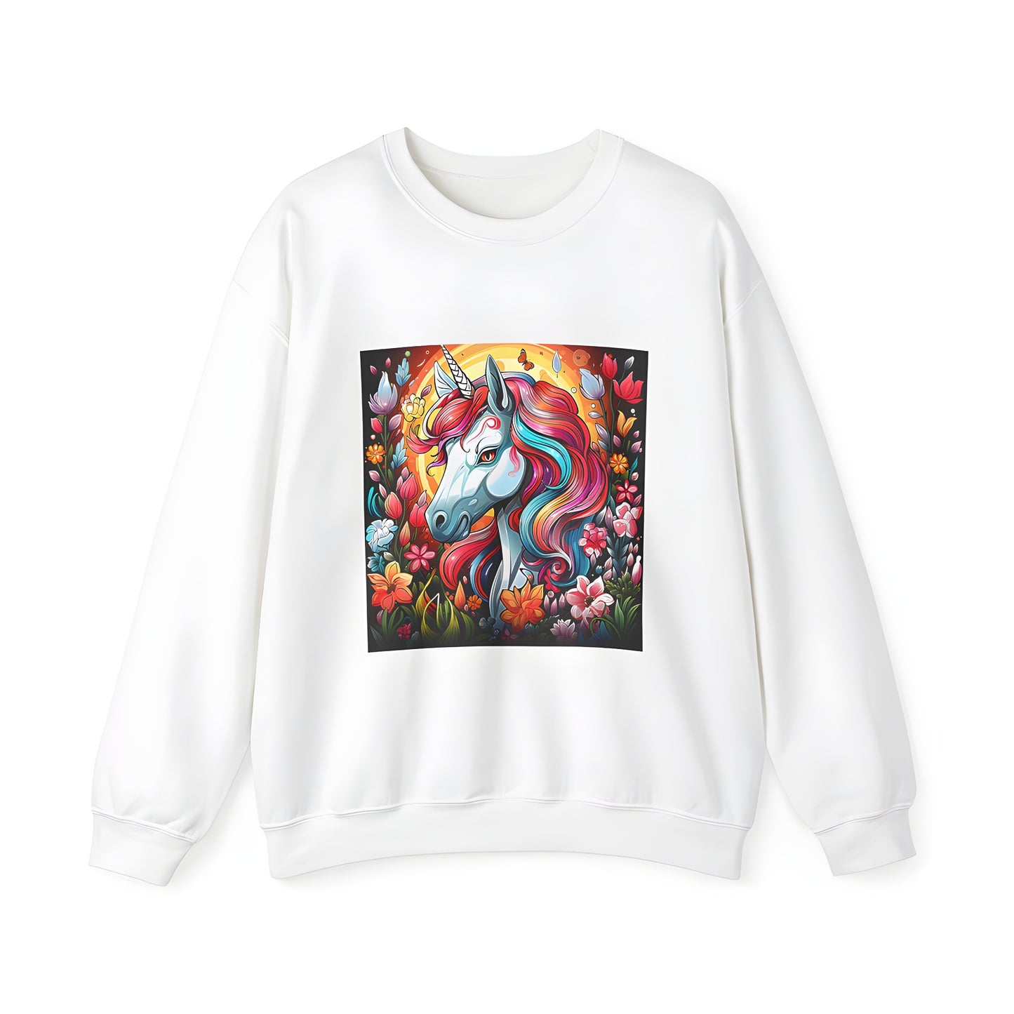 Colorful Adult Sweatshirt featuring a magical unicorn design with rainbow mane, expressive eyes, surrounded by colorful flowers and a butterfly