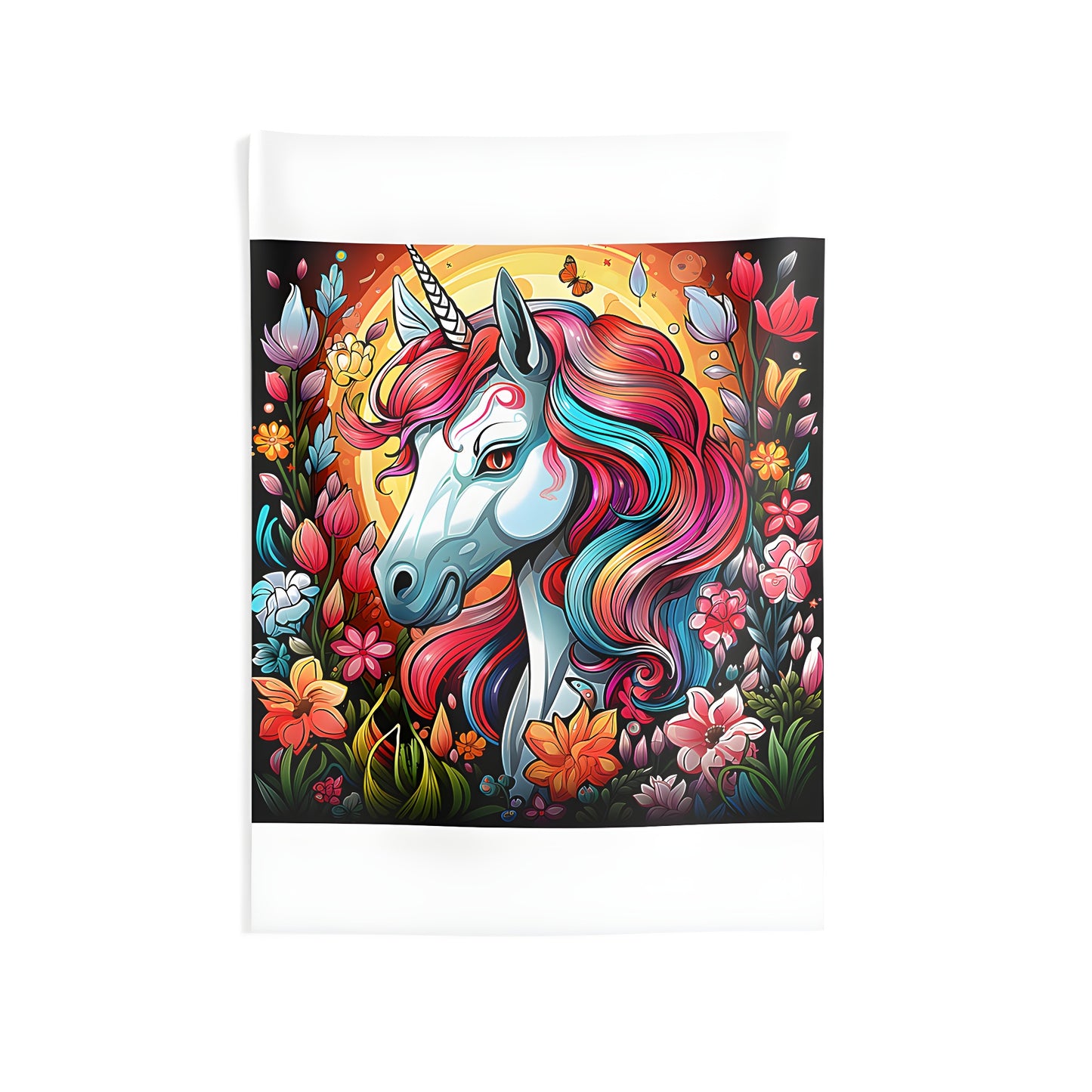 Colorful indoor wall tapestries featuring a magical unicorn design with rainbow mane, expressive eyes and surrounded by vibrant flowers and a butterfly for bohemian decor