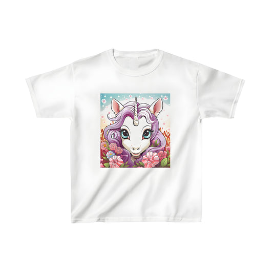 Colorful unicorn t-shirt for kids with purple mane and big eyes surrounded by flowers