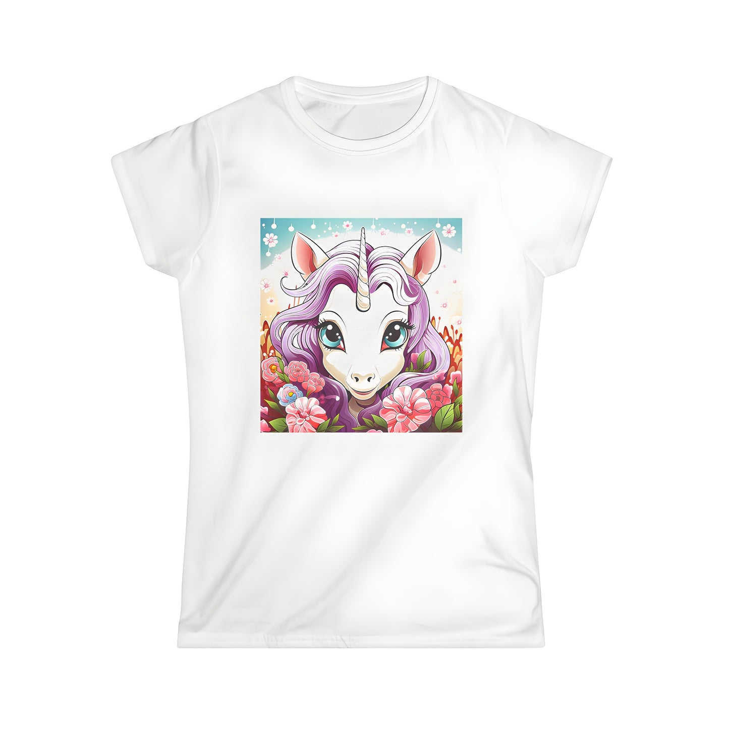 Women's T-shirt featuring a charming unicorn with a purple mane and large eyes surrounded by vibrant flowers