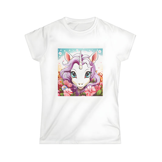 Women's T-shirt featuring a charming unicorn with a purple mane and large eyes surrounded by vibrant flowers