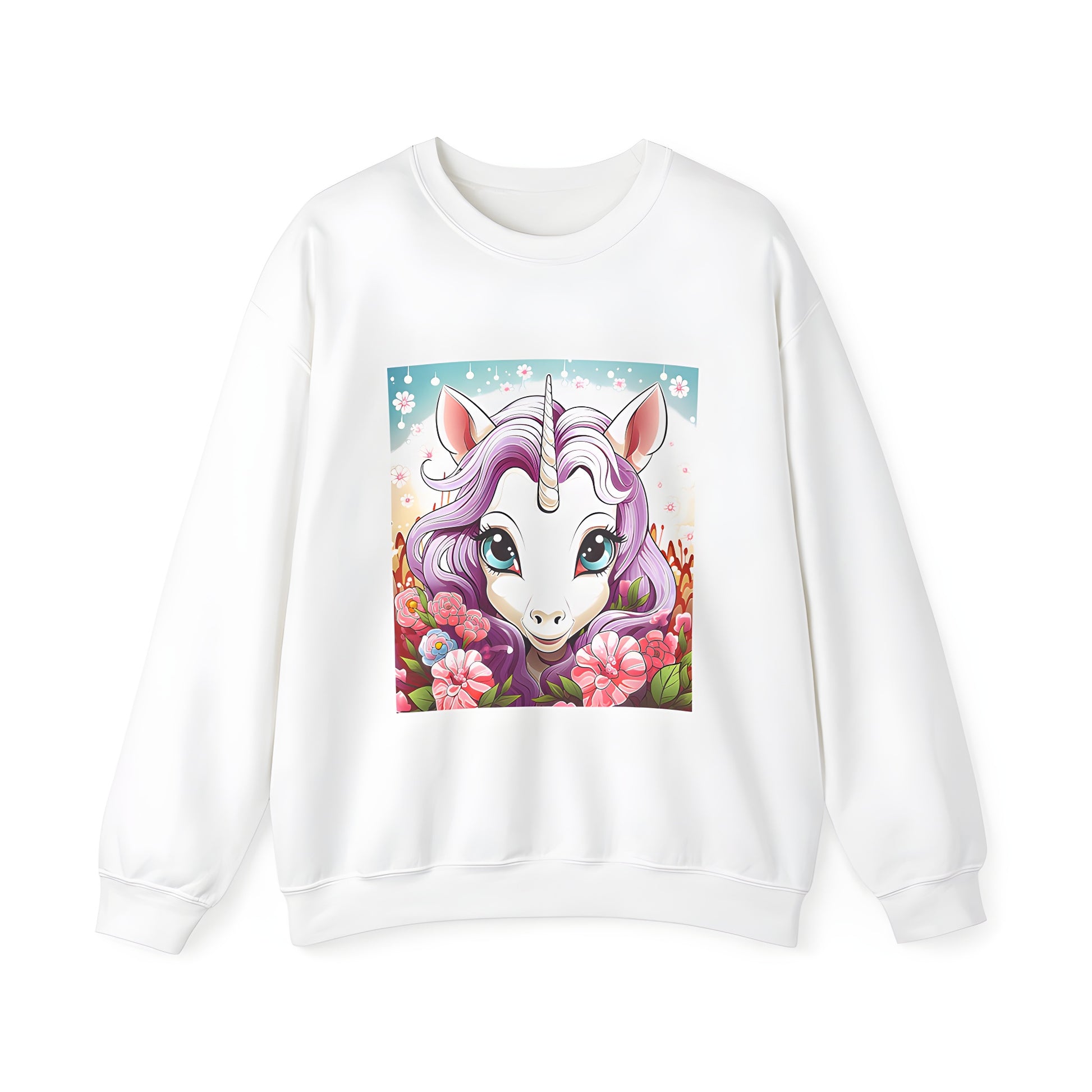 Adult sweatshirt featuring a whimsical unicorn design surrounded by colorful flowers