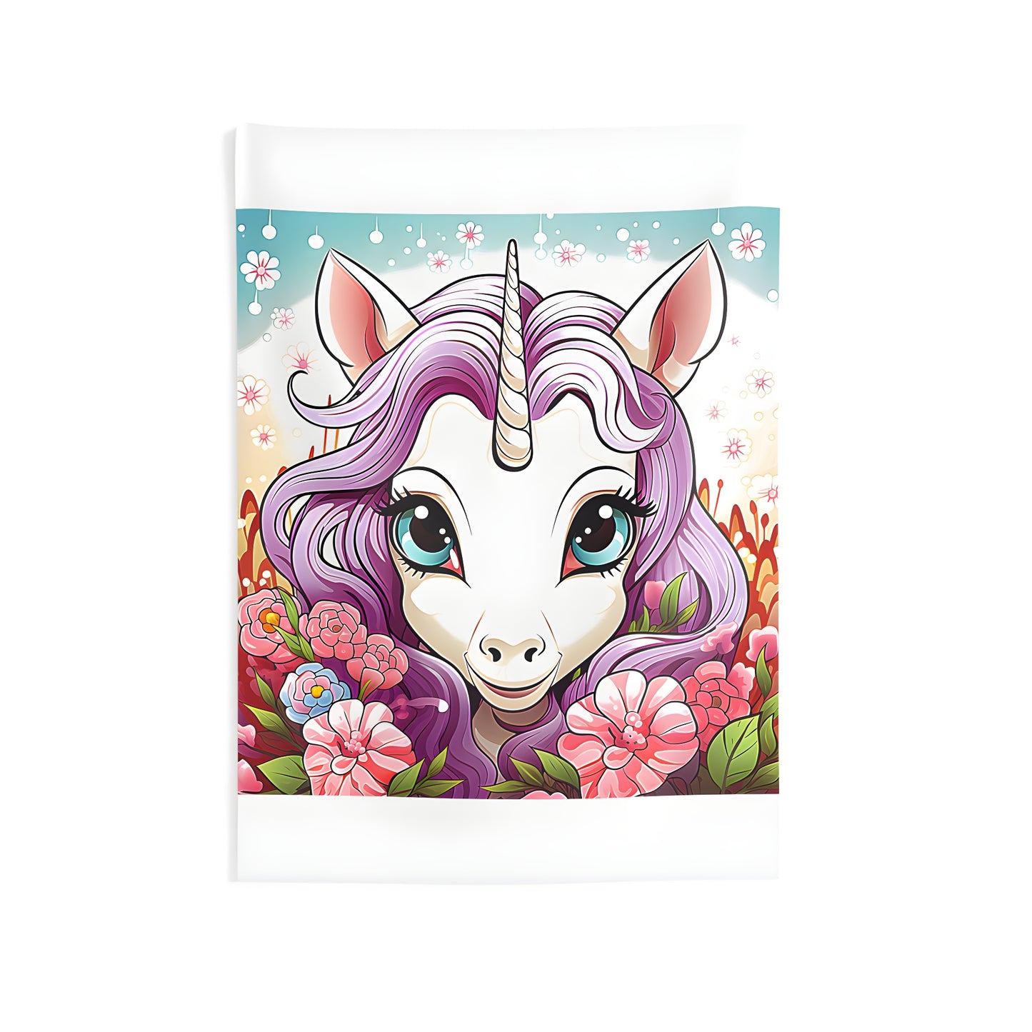 Vibrant unicorn wall tapestry with colorful flowers and purple mane for indoor decor