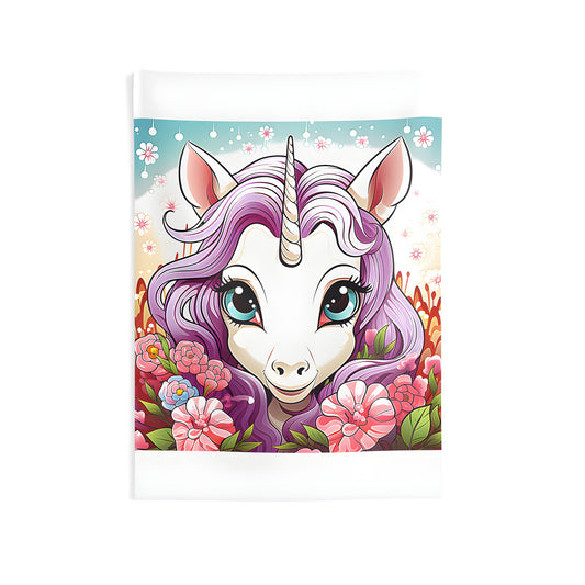 Vibrant unicorn wall tapestry with colorful flowers and purple mane for indoor decor