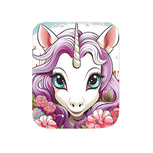 Colorful unicorn blanket with purple mane and flowers pattern