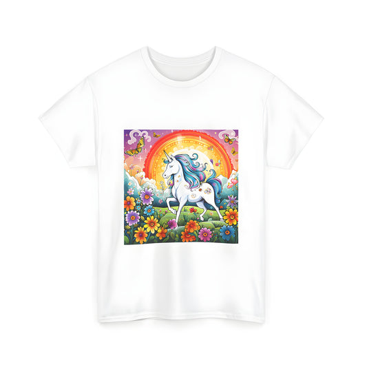 Colorful Unisex T-shirt design featuring a vibrant Magical Horse, Myths, Mythical Creatures, Legend, Rainbow mane in a flower meadow surrounded by butterflies and a rainbow background.