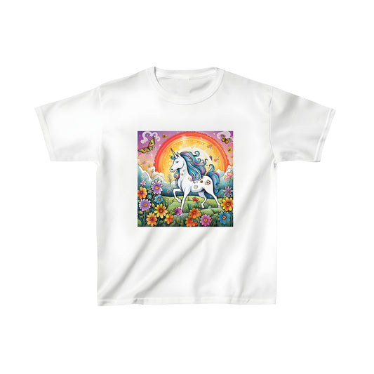 Colorful kid's t-shirt featuring a vibrant mythical horse design with a rainbow mane, surrounded by flowers and butterflies