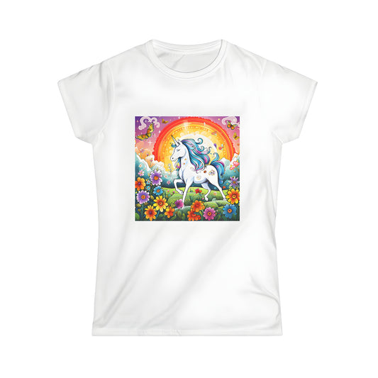 Colorful women's t-shirt featuring a unicorn design, surrounded by butterflies and flowers