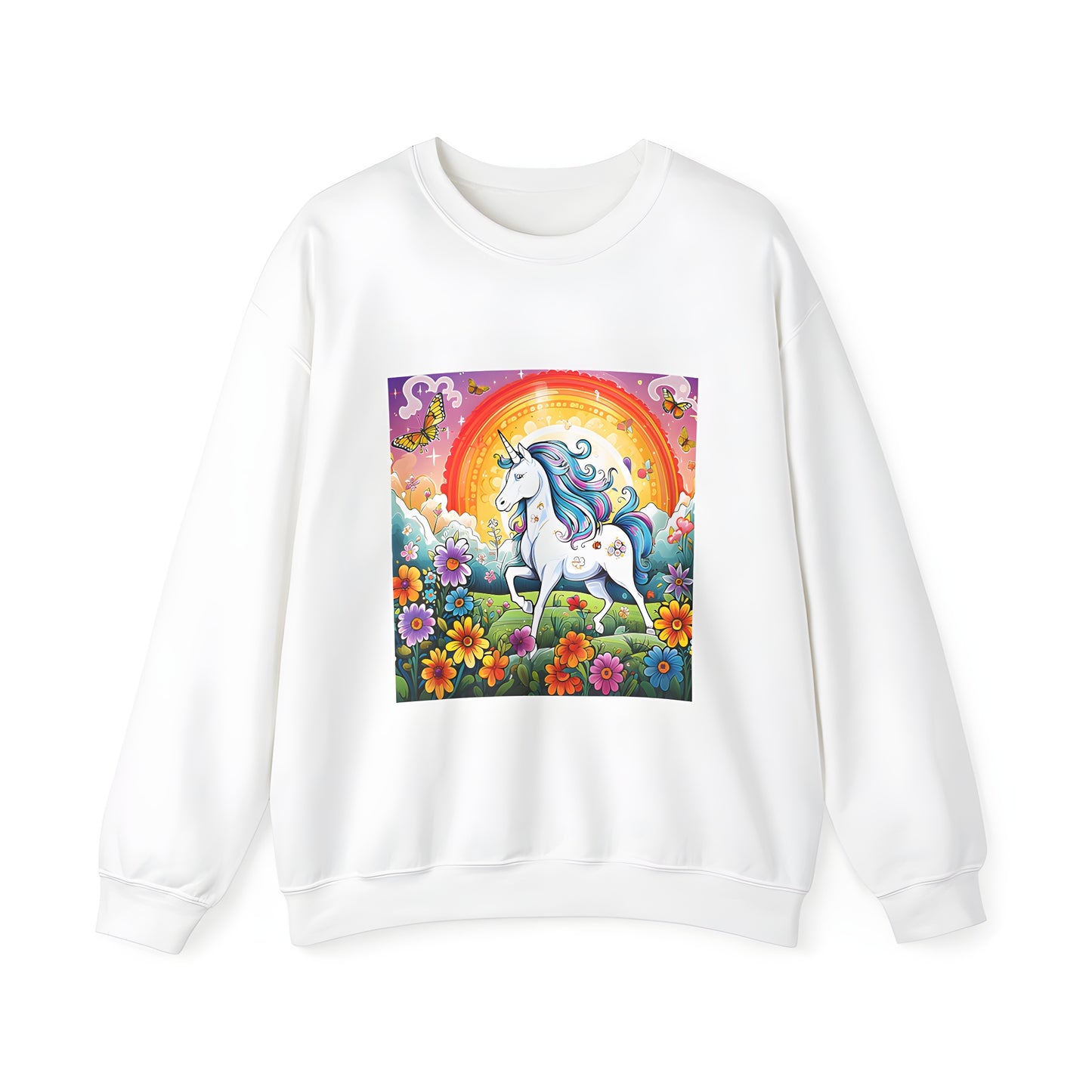 Adult Sweatshirt featuring a colorful unicorn with rainbow mane standing in a flower meadow surrounded by butterflies and a vibrant background