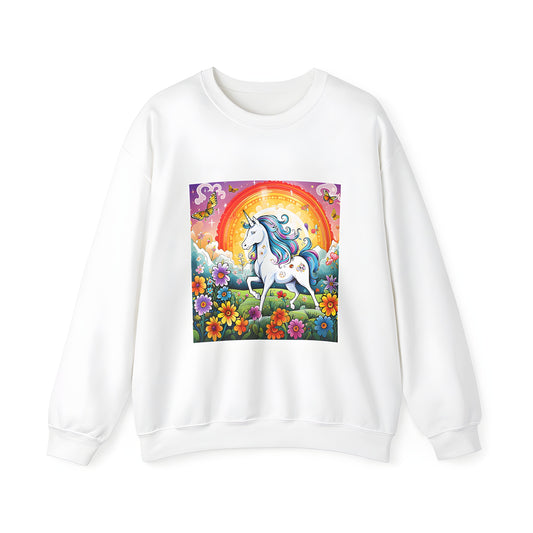 Adult Sweatshirt featuring a colorful unicorn with rainbow mane standing in a flower meadow surrounded by butterflies and a vibrant background